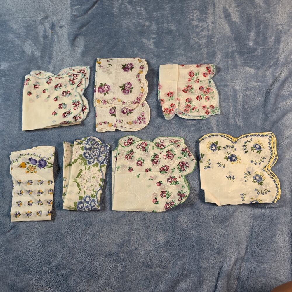 Vintage Floral Handkerchiefs Lot of 7 Scalloped Edge Roses Cotton Hankies